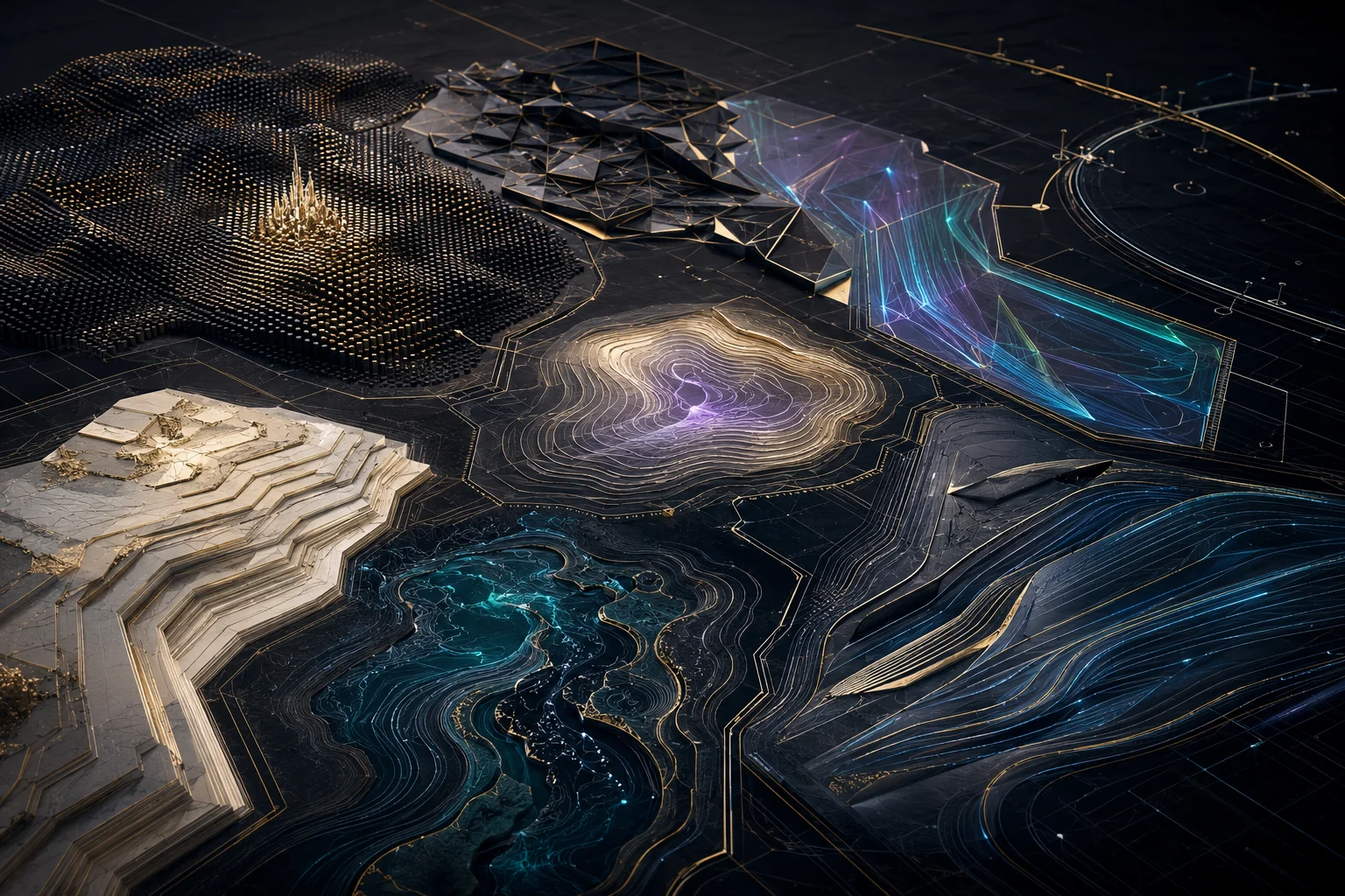 Distinct digital identities occupy separate material territories connected by sparse strategic corridors.