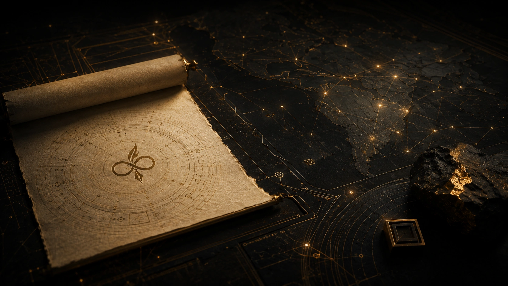 An aged archival plane and contemporary dark field meet at one restrained gold registration point, expressing identity through time.