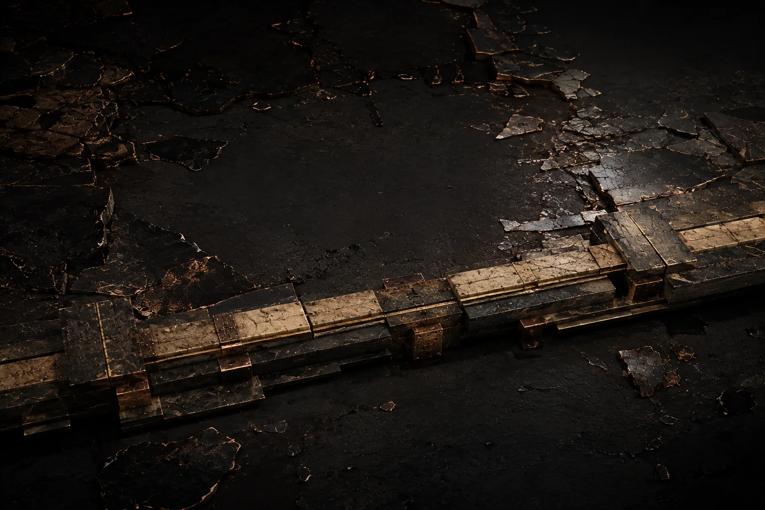 Brittle reflective fragments recede into a quiet dark field while one sober interlocked structure continues to bear load.