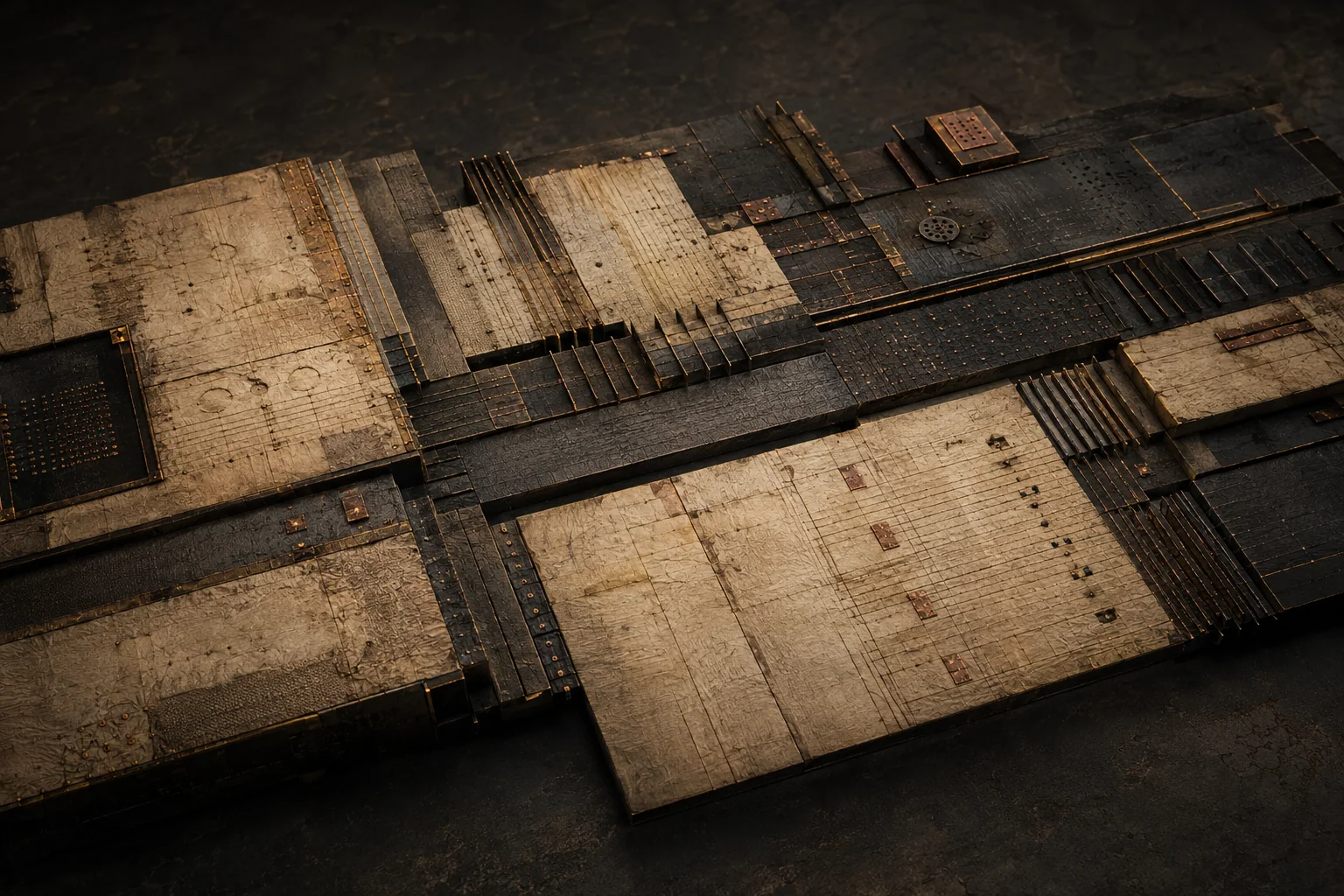 Abstract inscription traces, measured cadence and recurring memory marks assemble into one coherent built-identity architecture.