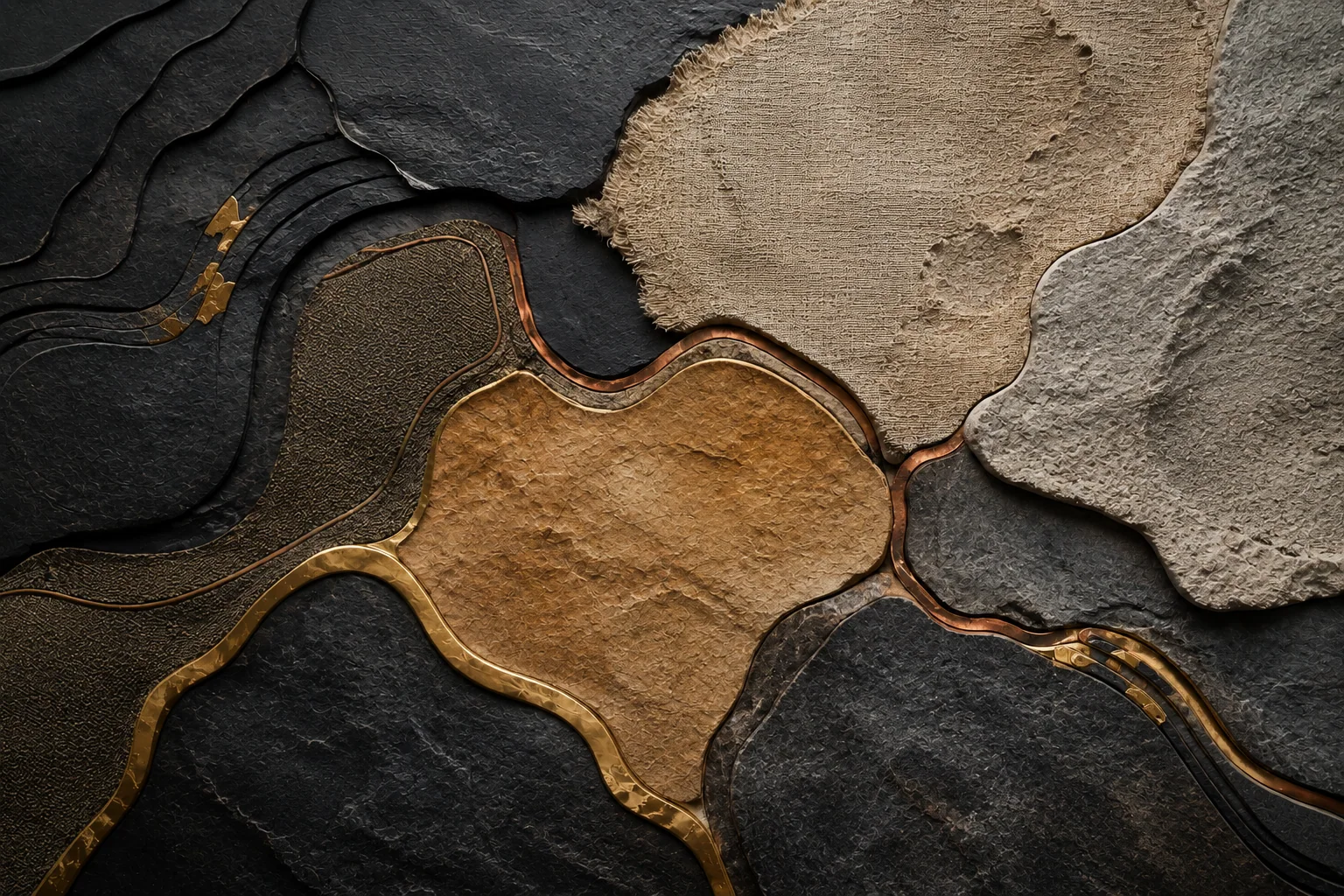 Linen, carved stone, parchment and copper boundaries form a restrained material field of inherited memory and place.