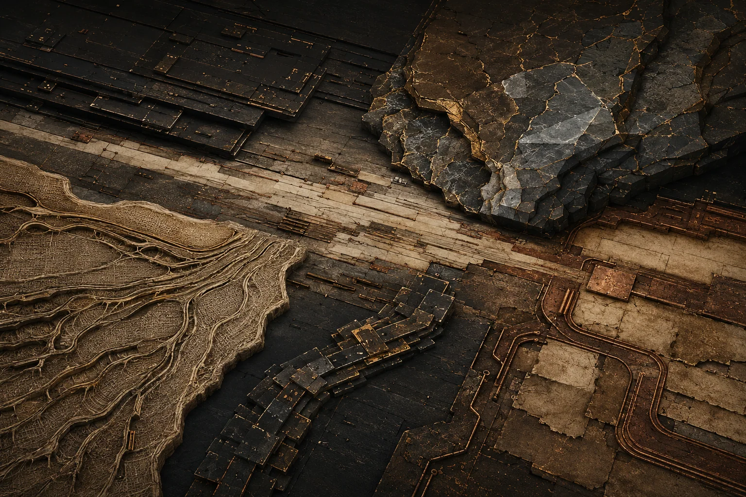 Materially distinct fields for computation, resources, biology, matter and infrastructure converge across one disciplined frontier surface.