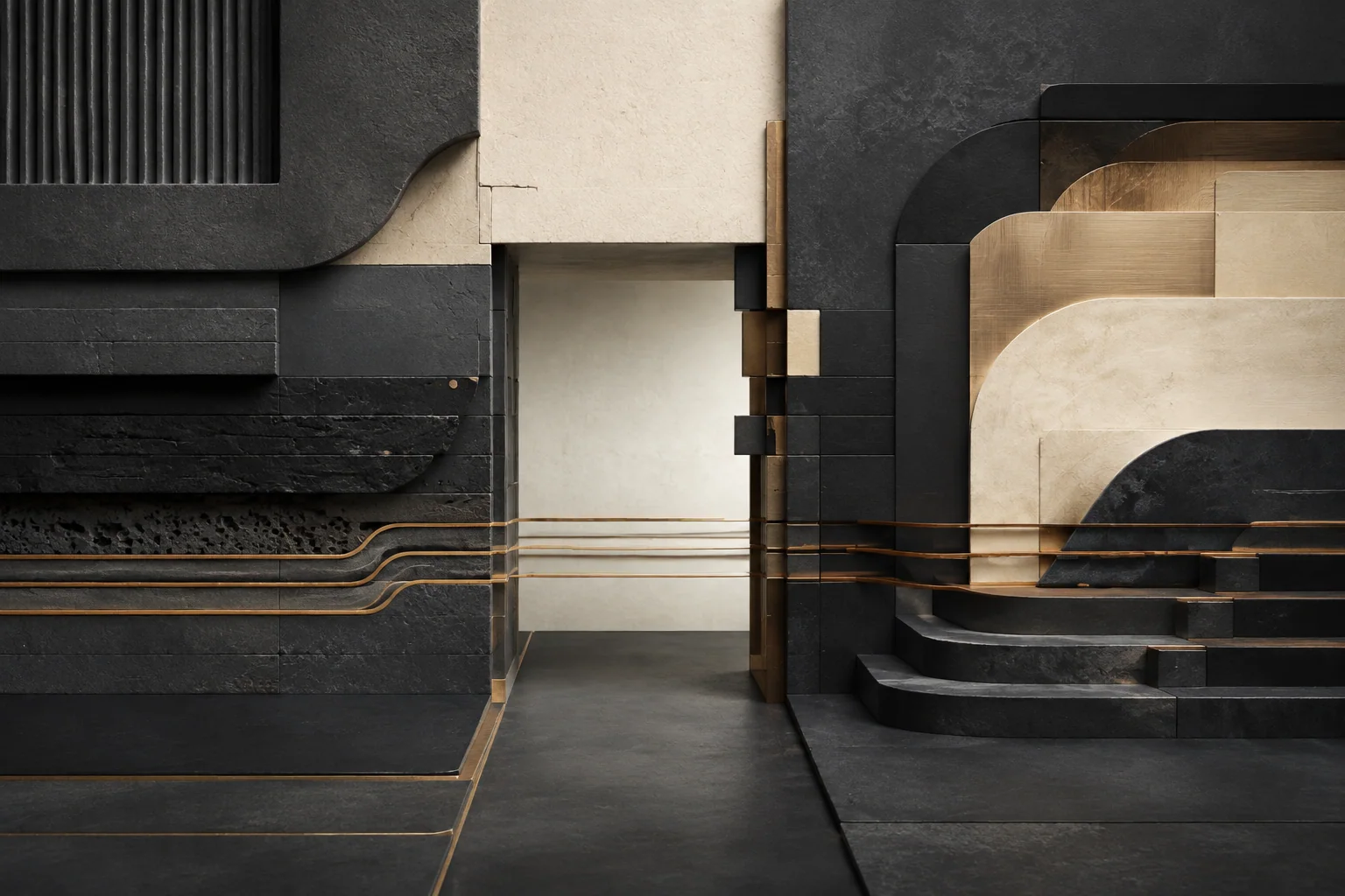 A calm human-scale threshold links protective, sensing, authentication and adaptive material territories.