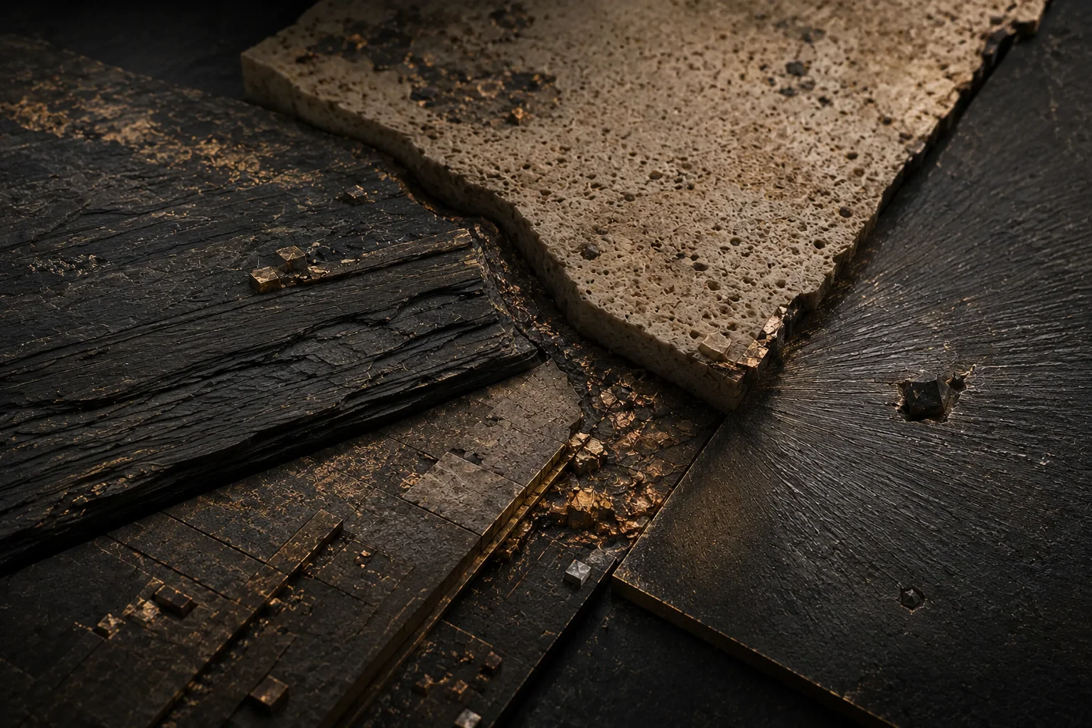 Correlated mineral, porous ivory and dark material planes reveal sparse crystalline anomalies at an emerging matter boundary.