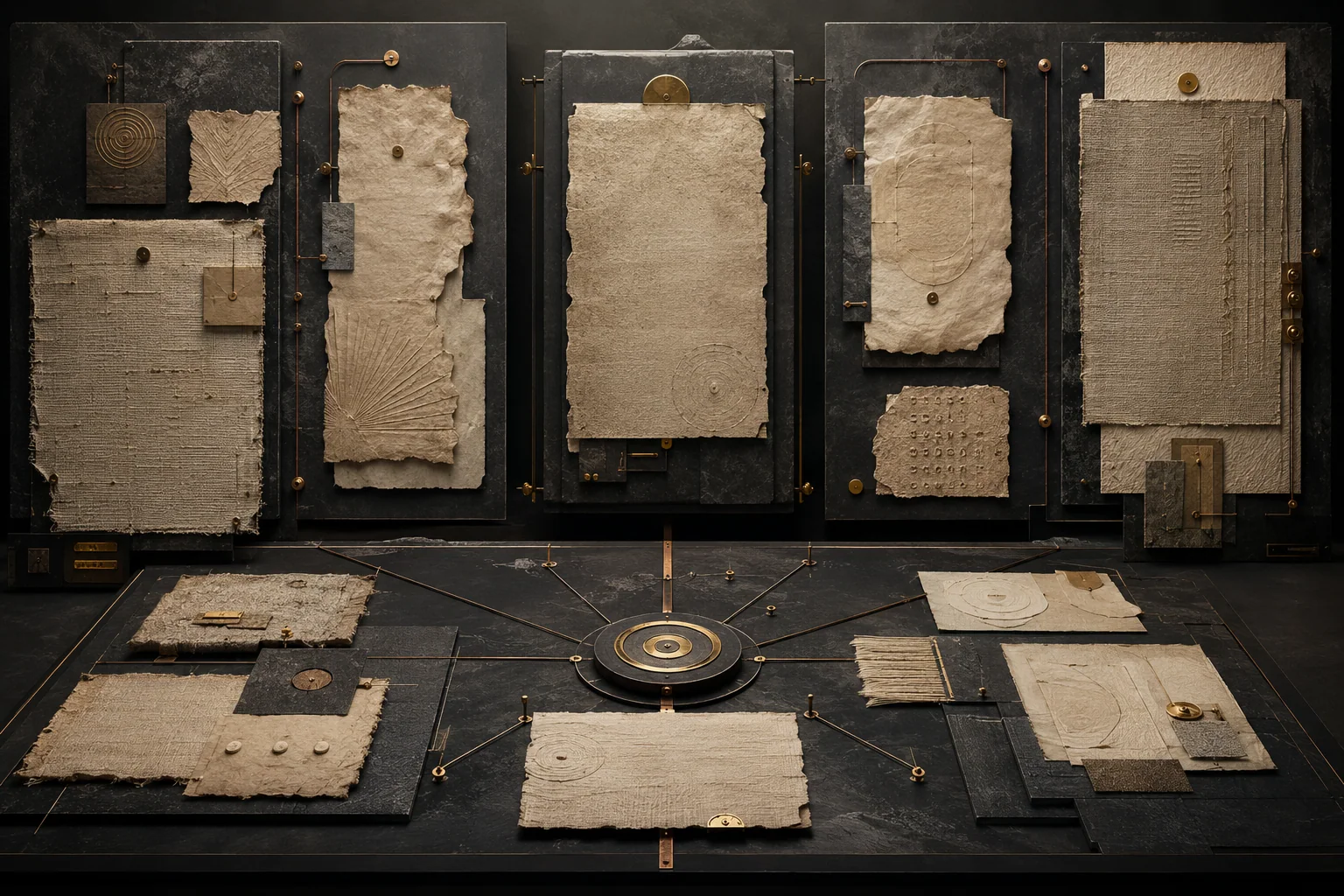 A curated archive of differentiated evidence leaves, material records and disciplined research paths arranged for close examination.