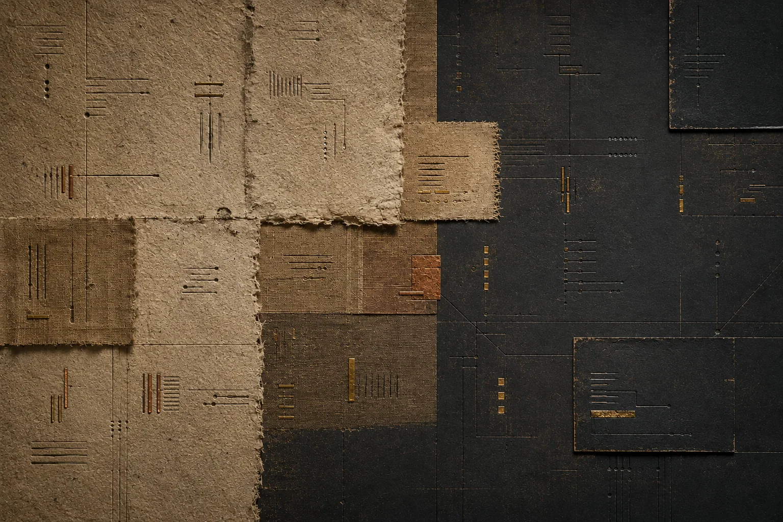 Layered parchment, linen and dark material fields carry abstract cadence and inscription marks into a precise naming coordinate system.