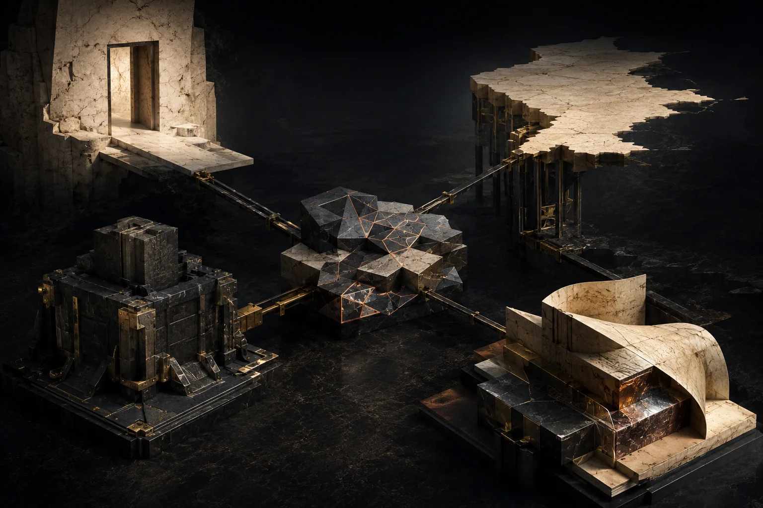 Five materially distinct strategic territories connect through sparse structural corridors without forming a marketplace or inventory grid.