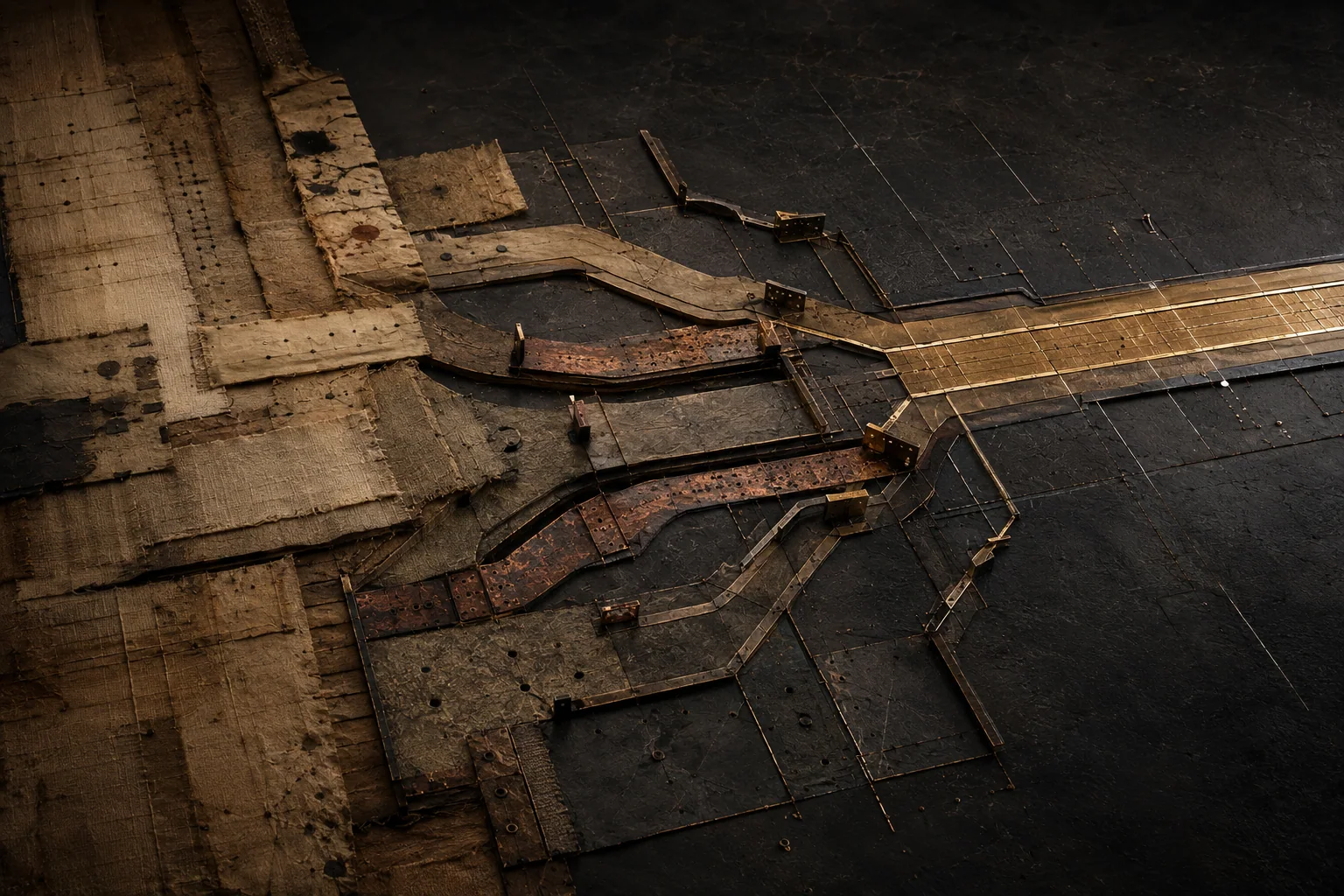 Archival planning fragments and dark material branches pass through decision boundaries before resolving into one committed gold position.