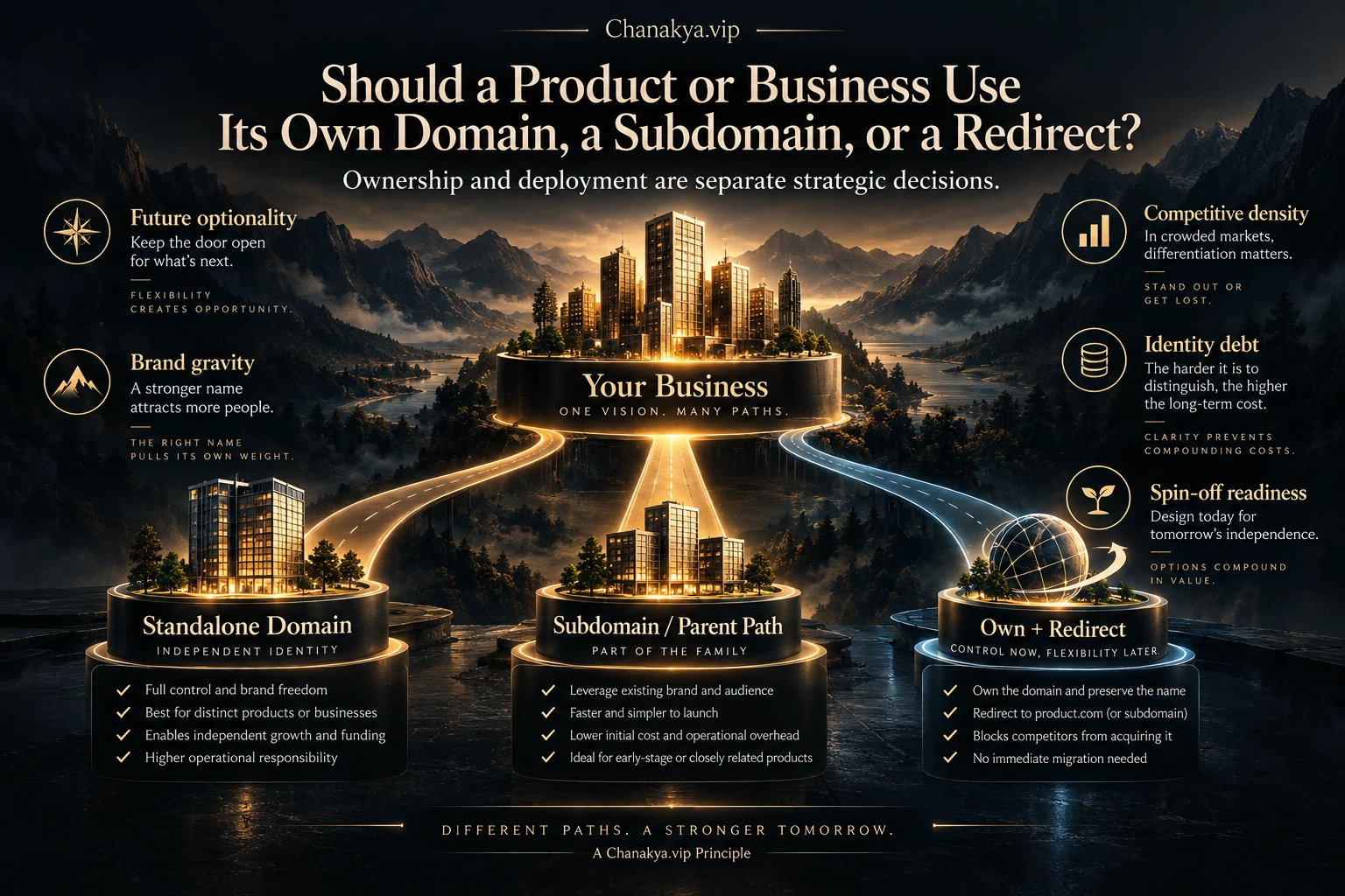 Chanakya.vip domain architecture framework showing a business choosing among standalone domain, subdomain or parent path, and own-plus-redirect strategies, with future optionality, brand gravity, competitive density, identity debt and spin-off readiness.