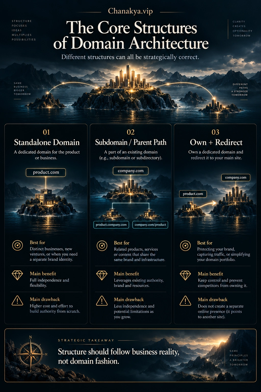 The three core structures of domain architecture compared side by side: standalone domain, subdomain or parent path, and own plus redirect.