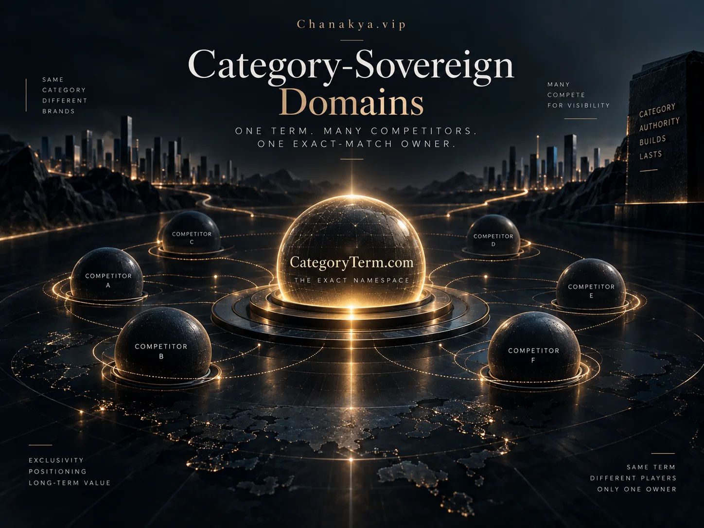A category term at the centre of a competitive arena with multiple companies surrounding one exact digital namespace.