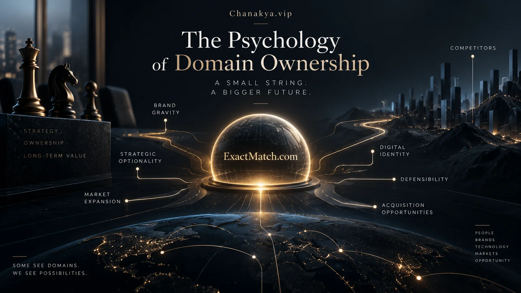 A strategic domain identity represented as a luminous ExactMatch.com sphere connecting brand gravity, defensibility, market expansion and long-term optionality.