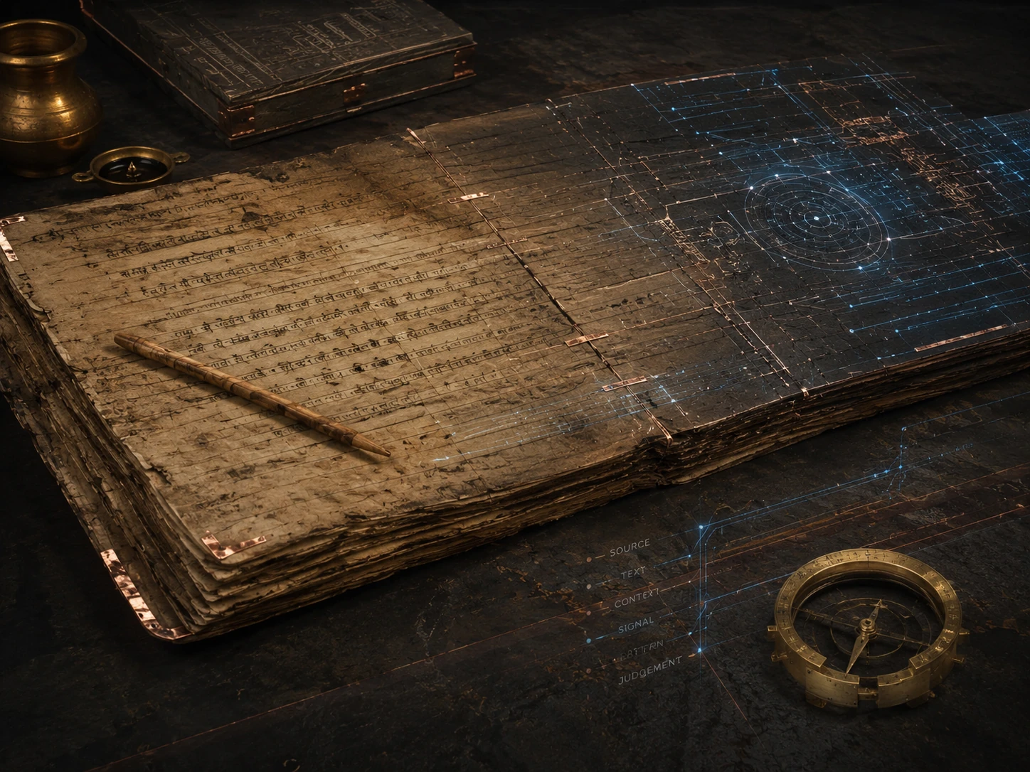 A conceptual Indian manuscript record transitions into a restrained computational field, expressing evidence, interpretation and judgement across old and new analytical tools.