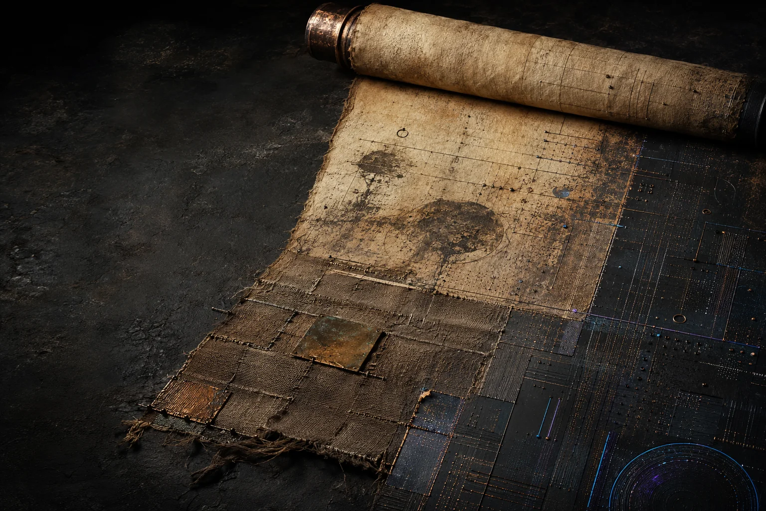 A weathered strategic manuscript shifts from parchment and stitched cloth into a precise dark signal field, representing memory, judgement and future position.
