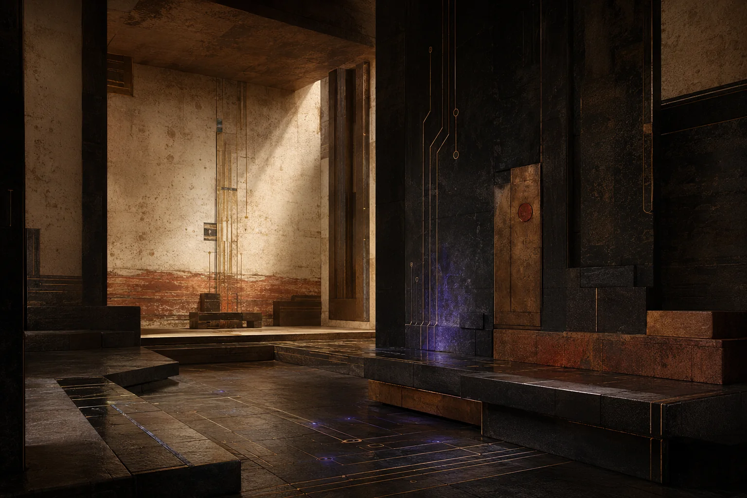 A quiet architectural chamber of stone, metal and controlled light expresses evidence becoming strategic position through boundary and judgement.