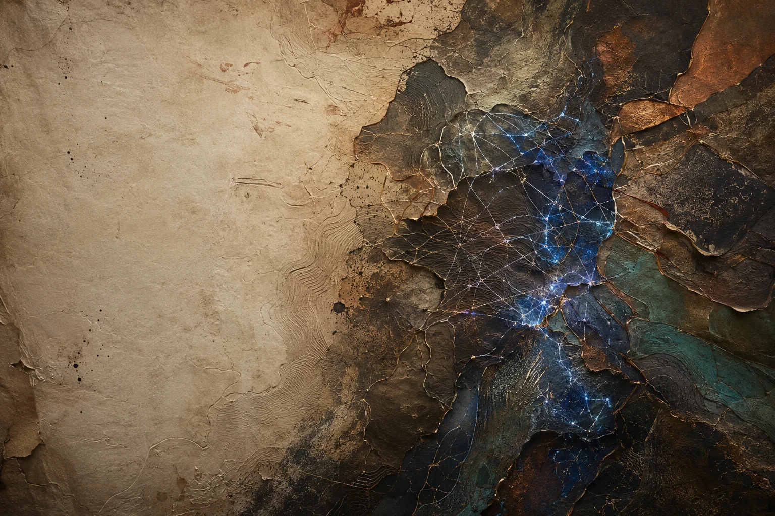 An aged material atlas meets precise mineral and signal territories, expressing dated evidence, frontier thresholds and emerging technical fields.
