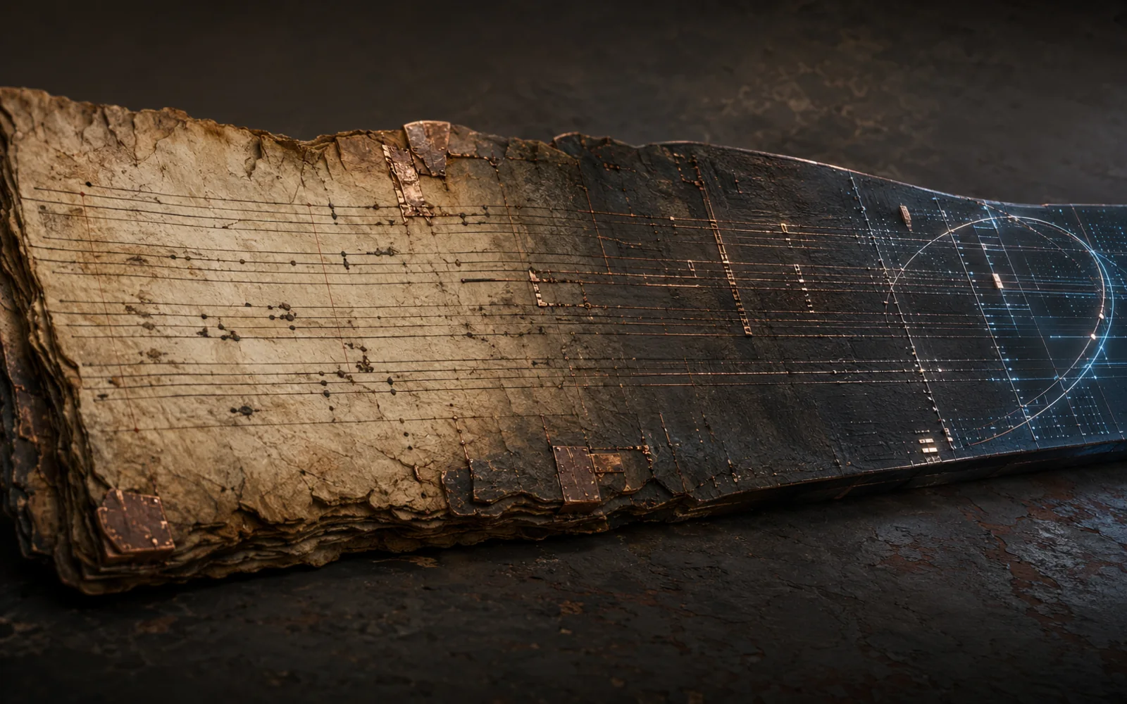 An aged scroll transitions continuously from ruled parchment and copper repair into a dark computational surface with precise traces and a restrained signal edge.