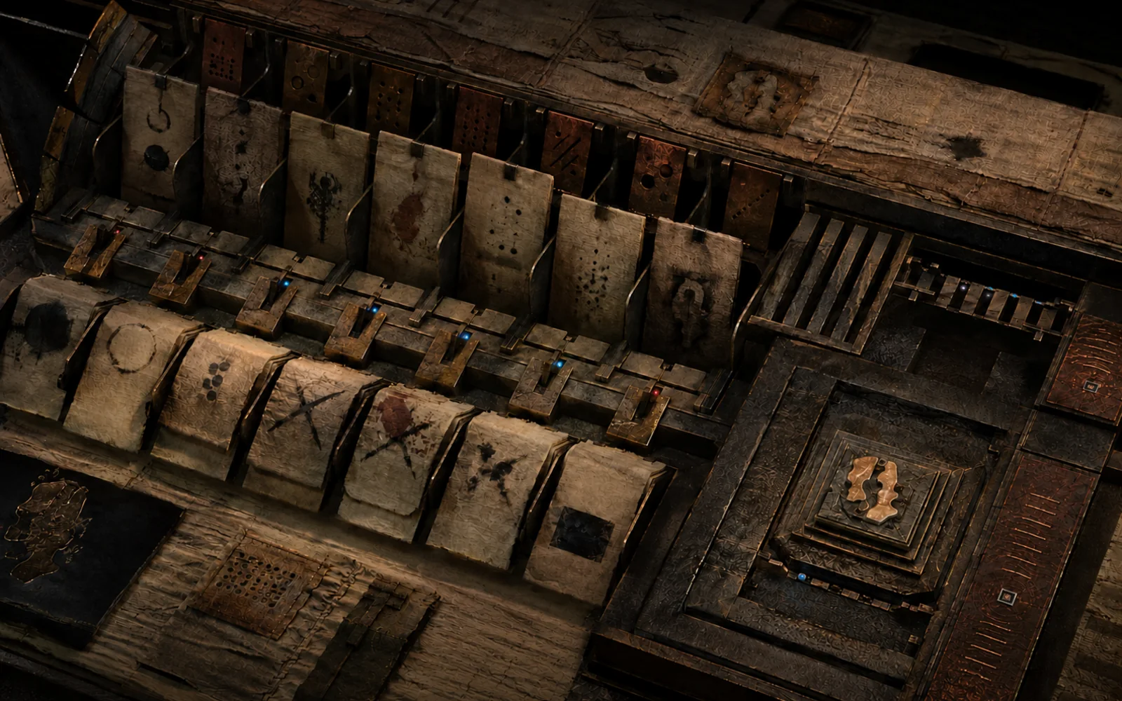 An overhead evidence apparatus holds varied parchment records against calibrated metal gates, counterweights and decision surfaces.