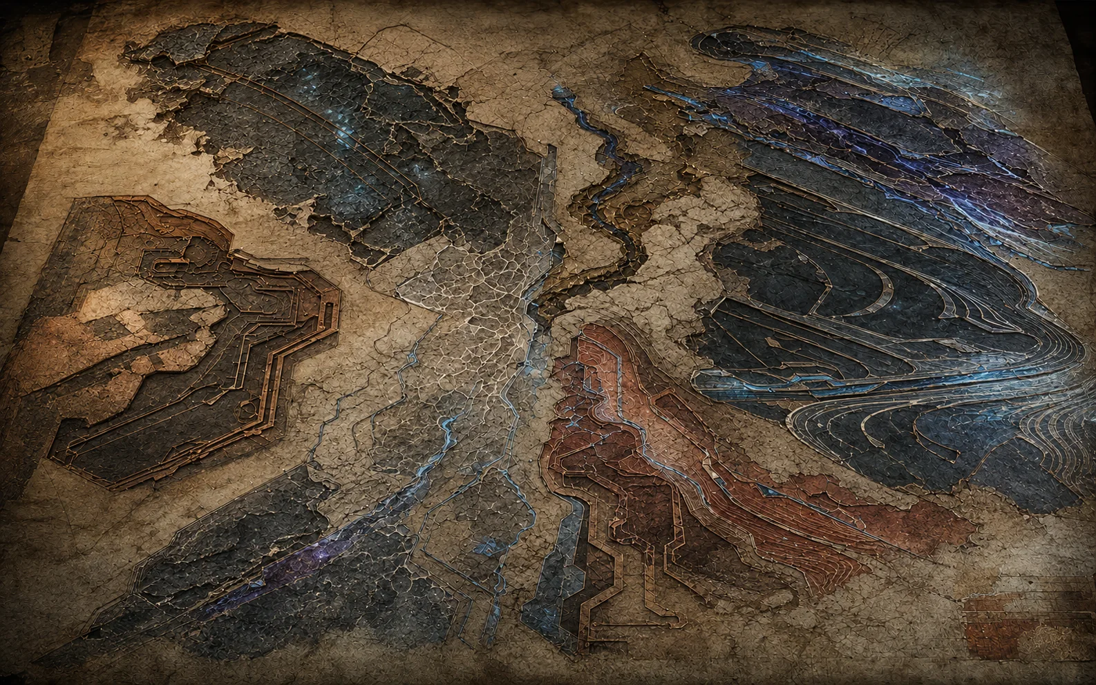 An abstract material atlas separates parchment, mineral strata, copper and restrained signal paths into distinct technological territories without forming a literal geographic map.