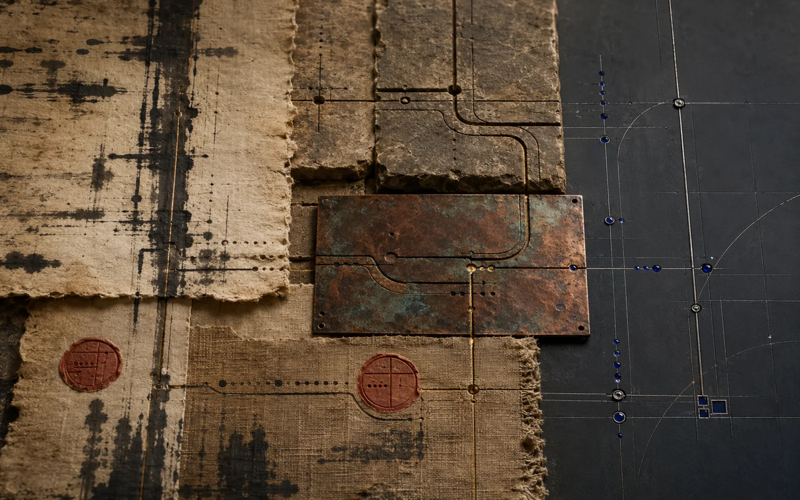 Parchment, linen and engraved copper align with a precise dark coordinate field, representing memory, authority and the positioning power of a name.